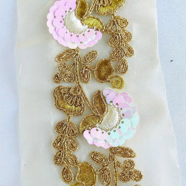 Gold Sheer Fabric Trim With Antique Gold Floral Embroidery And Pink White Two Tone Sequins Embellishments, Approx. 85mm Wide - 210119L122